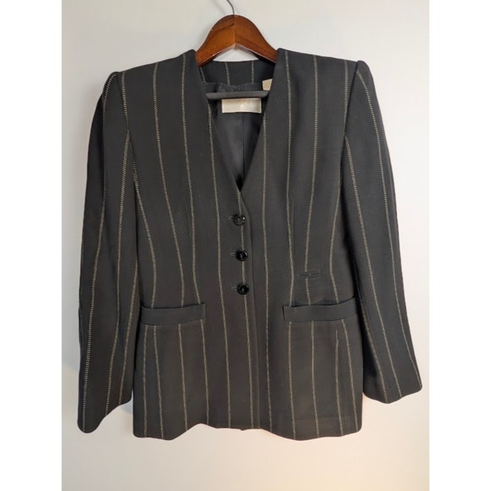 Dana Buchman Collarless Wool Blazer‎ Womens 4 Black Pinstripe Career Jacket